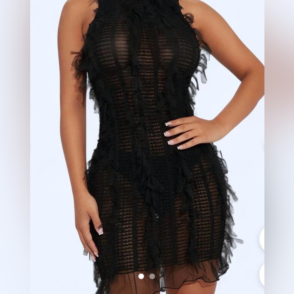 Mini Black Ruffled Turtleneck Dress